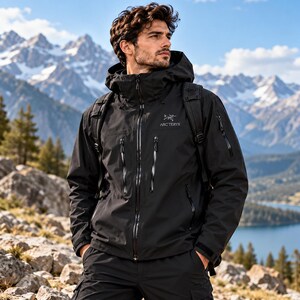 Può includere: Una giacca tecnica nera con cappuccio, dotata di cerniera frontale, tasche con zip e logo Arc'teryx sul petto. La giacca è indossata con uno zaino nero e presenta un design resistente con polsini regolabili e un colletto alto.