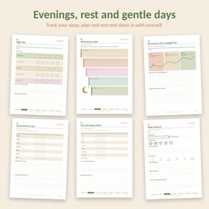 May include: Six printable planner pages titled Evenings, rest and gentle days. The pages include sections for Night sky, Wind-down stairs, Recovery is not a straight line, Seven kinds of rest, My well-being wheel, and Daily check-in with prompts.