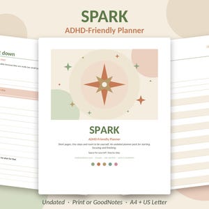 Op de afbeelding: Een digitale planner getiteld SPARK ADHD-Friendly Planner met een centrale ster-afbeelding in gedempte aardetinten. De omslag toont de titel en ondertitel, met binnenpagina's die gelinieerde secties voor taken en stappen tonen.
