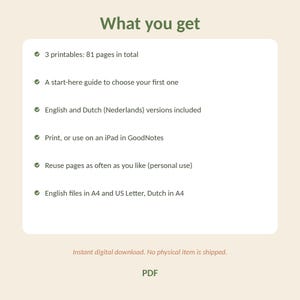 May include: A digital product information card titled What you get, listing 3 printables with 81 pages total, a start-here guide, English and Dutch versions, compatibility with iPad GoodNotes, unlimited personal reuse, and A4 or US Letter file formats.