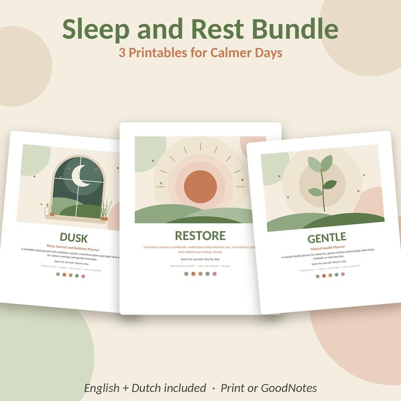 May include: A Sleep and Rest Bundle of three printable planners titled Dusk, Restore, and Gentle. Each page features soft-toned illustrations of a night window, a rising sun, and a plant, with text describing sleep and mental health planning.