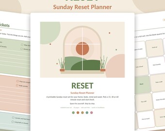 May include: A digital Sunday Reset Planner with the title RESET in dark green text. The page features a graphic of an arched window overlooking a landscape with a sun, green hills, and potted plants. It includes checkboxes and text fields for weekly tasks, undated pages, and notes on A4 and US Letter sizing.
