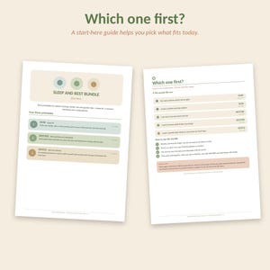 May include: Two digital printable pages titled Which one first? and Sleep and Rest Bundle. The documents feature lists, instructions, and color-coded sections in muted green, blue, and tan, designed to help track rest, recovery, and daily self-care routines.