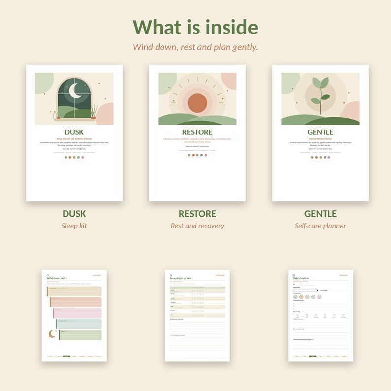 May include: A digital planner set titled What is inside, featuring three main sections: DUSK Sleep kit, RESTORE Rest and recovery, and GENTLE Self-care planner. Each section displays a graphic illustration of a moon, sun, or plant, with corresponding daily check-in and tracking pages below.