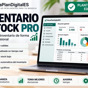May include: A laptop displaying the NovaPlanDigitalES inventory management software interface with a dashboard showing product totals, stock levels, and charts. The screen features text including INVENTARIO Y STOCK PRO, Entradas y salidas, and Stock actualizado en tiempo real.