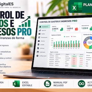 May include: A laptop screen displaying a financial dashboard titled Control de Gastos e Ingresos Pro, featuring charts, tables, and budget tracking metrics. The interface includes sections for income, expenses, and savings, with green and red colour-coded data points.