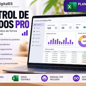 Könnte beinhalten: Ein Laptop-Bildschirm zeigt die Excel-Vorlage Control de Pedidos PRO mit einem Dashboard, das Bestellstatistiken, ein Balkendiagramm, ein Kreisdiagramm und eine Liste aktueller Bestellungen sowie Symbole zur Verwaltung von Kunden und Produkten enthält.
