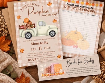 Paquete acogedor para baby shower de otoño: invitación, tarjeta "Libros para el bebé", póster "Adivina la fecha de llegada".