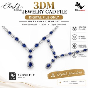 May include: A digital 3DM jewelry CAD file for a necklace featuring blue oval and heart-shaped stones surrounded by small white stones. The image includes text: ChuLi DraftStudio, 3DM JEWELRY CAD FILE, DIGITAL FILE ONLY, NO PHYSICAL JEWELRY.