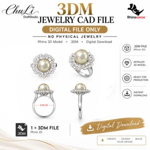 Puede incluir: Un archivo digital CAD 3DM de joyería para un anillo con una perla central rodeada por un halo de piedras pequeñas. El diseño se muestra desde vistas superior, perspectiva, frontal y lateral, con una etiqueta de tamaño 8.25 US visible.