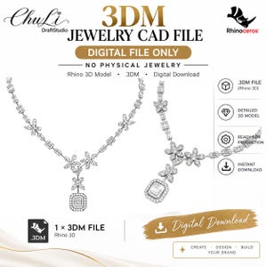 May include: A 3DM jewelry CAD file for a digital download featuring a necklace design with baguette and round stones arranged in floral and geometric patterns. The image includes text labels such as 3DM JEWELRY CAD FILE, DIGITAL FILE ONLY, and NO PHYSICAL JEWELRY.