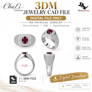 May include: A digital 3D CAD file for a silver ring featuring a central oval red gemstone surrounded by small white stones. The band has a textured pattern and is labeled as size 9 US. The image includes text: ChuLi DraftStudio 3DM JEWELRY CAD FILE.