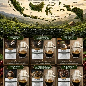 Może przedstawiać: Plakat promocyjny indonezyjskiej kawy Robusta z mapą Indonezji wykonaną z krzewów kawowca. Przedstawia sześć saszetek kawy przelewowej oznaczonych jako Aceh, Java Preanger, Flores, Bali, Sulawesi i Papua, każda o masie netto 10 gramów.