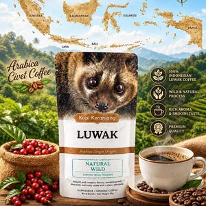 Pode incluir: Uma embalagem de café branca rotulada como Kopi Keranjang Luwak Arabica Single Origin com um peso líquido de 50g. A embalagem apresenta uma ilustração de civeta, texto descrevendo o processo selvagem natural e notas de chocolate e nozes.