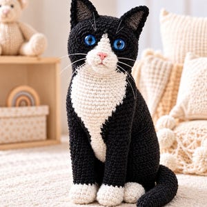 May include: A crocheted cat figurine featuring black and white yarn, bright blue plastic eyes, a pink nose, and long white whiskers. The cat is depicted in a seated position with white paws and a white chest patch against its black body.