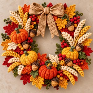 May include: A circular autumn wreath crafted from crocheted elements, featuring orange and yellow pumpkins, brown acorns, red berries, wheat stalks, and maple leaves in shades of red, orange, and yellow, topped with a large beige crocheted bow.