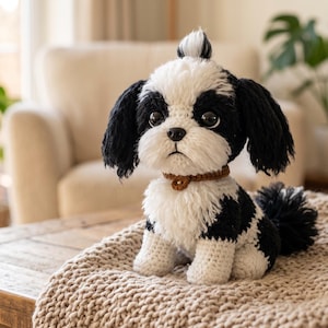 Pode incluir: Um cão de peluche feito em croché com fio preto e branco, olhos escuros grandes, um nariz pequeno preto e uma coleira castanha com um pendente circular. O animal de peluche tem orelhas pretas longas e texturizadas e um tufo branco.