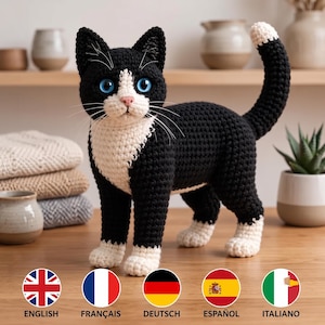 Crochet Tuxedo Cat Pattern PDF, Black and White Amigurumi Kitten, Blue-Eyed Cat Plushie Tutorial, 5 Language Options