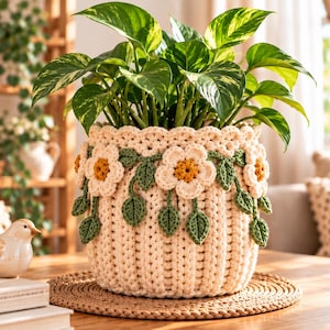 Handmade Crochet Flower Pot with Crochet Rose in Pot, Mod Flower Pot, Plant Lover Cover, Cute Crochet Plant Pot Gift