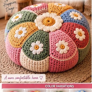 Flower Floor Cushion Crochet Pattern, Daisy Pouf & Round Pillow PDF, Colorful Crochet Home Decor