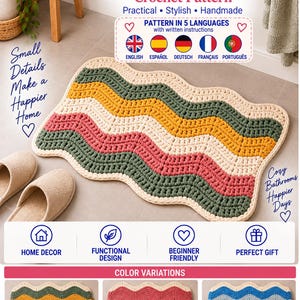 May include: A crochet pattern for a wavy colorblock bathroom mat featuring text that reads Wavy Colourblock Bathroom Mat Crochet Pattern. The design includes horizontal wavy stripes in sage green, mustard yellow, cream, and dusty pink yarn.