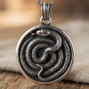 May include: A circular silver pendant featuring a coiled snake with detailed scales in relief. The pendant hangs from a silver chain, showcasing an oxidised finish that highlights the texture of the serpent design within the round frame.
