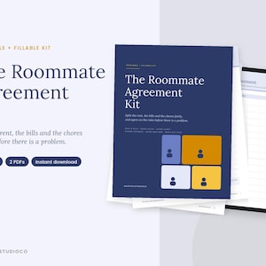 May include: A printable and fillable Roommate Agreement Kit featuring a dark blue cover with white text and four colored squares containing person icons. The kit includes 18 pages across 2 PDFs, with a document preview showing lined sections.