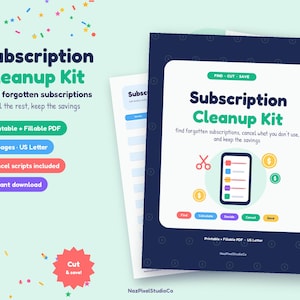 Pode incluir: Um conjunto de documentos Subscription Cleanup Kit com capa azul-escura, texto branco, ícone de smartphone e botões coloridos com as palavras Find, Calculate, Decide, Cancel e Save. Inclui 18 páginas em formato US Letter, PDF imprimível e editável.