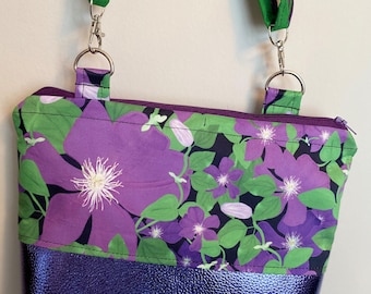 Handmade Purse, Crossbody or Shoulder Adjustable Strap Floral Fabric and Purple Faux Leather Bag, Purple Clematis, Zipper Top