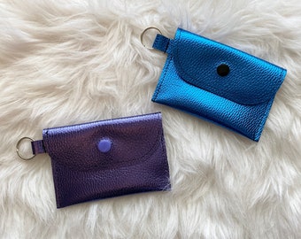 Small Snap Pouch, Handmade coin purse, business card holder, change purse, gift card holder, faux leather, metallic blue, metallic purple