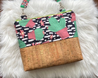 Handmade Purse, Crossbody Bag, Adjustable Shoulder Strap, Cactus Fabric and Cork Bag, Green Interior, Zipper Top,  Mothers Day Gift