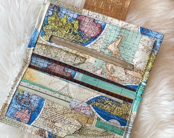 Ladies Wallet, Womens Billfold, Cork Wallet, Cork and Map Fabric, Handmade Women’s Wallet Clutch, Mothers Day Gift Idea