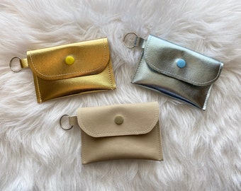 Handmade change purse, business card holder, coin purse, gift card holder, faux leather, snap pouch, metallic gold, metallic ice blue, tan
