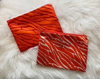 Small Pouch for Purse, Handmade Satin Pouch, Zipper Coin Purse, Cosmetic Bag, Animal Print, Orange,  Gift Idea for Women