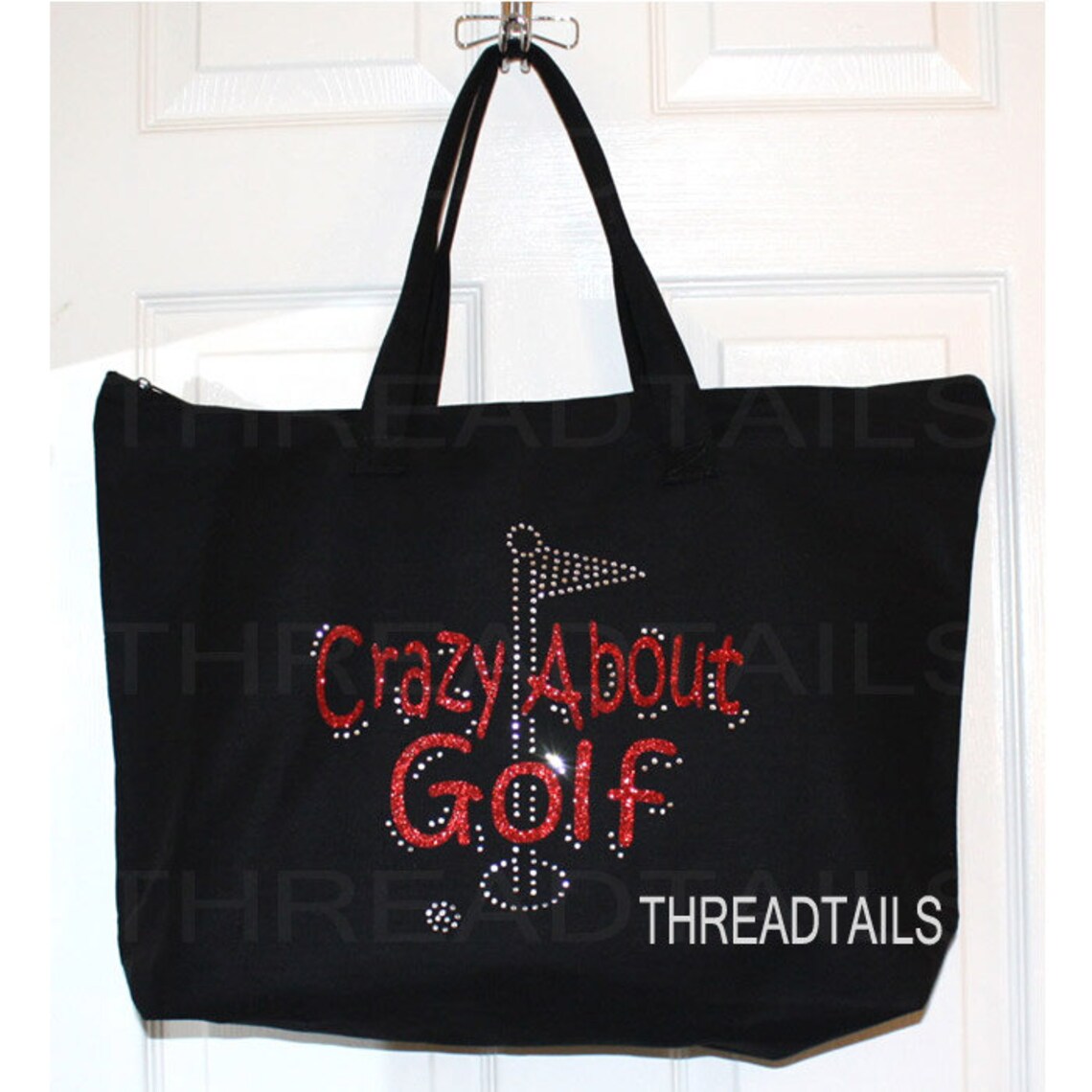 Crazy About Golf glitter rhinestone tote. Bling gift idea for Etsy