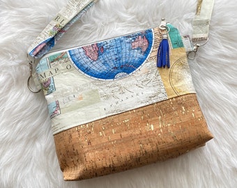 Handmade Crossbody Purse, Cute Handbag, Adjustable Shoulder Strap World Map Fabric and Cork Bag,  Zipper Top, Gift for Her