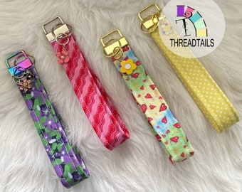 Key Fob Keychain, Cute Keychain , Floral Wristlet Keychain, Abstract Fabric Keychains, Springtime Hearts, Yellow Polka Dots, New Driver Gift