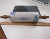 Red Wing Stoneware Advertising Blue transfer Rolling Pin Ceramic Advertisement Antique reads Free Credit Eastern Outfitters Co. Los Angeles