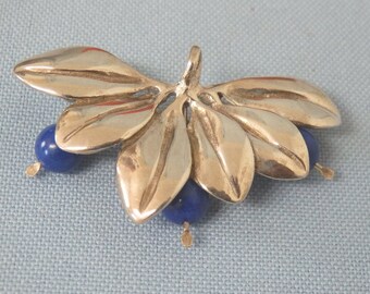Mumms Sterling Silver Leaf and Berry Pin or Brooch Lapis Lazuli Signed 1980