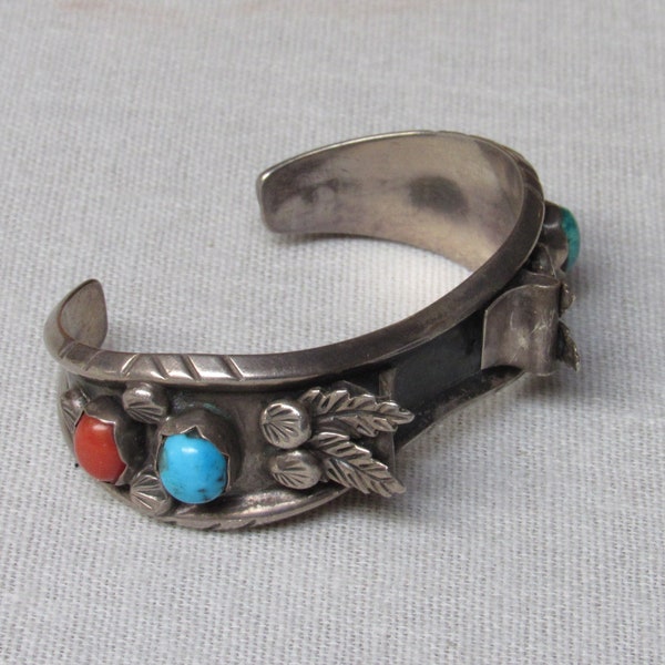 Navajo Indian Molly & Bob Lincoln sterling silver coral turquoise watch cuff bracelet