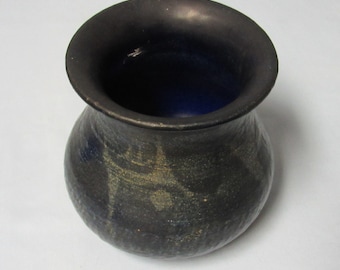 Judaica? design  Dark matte Blue Vase with Symbols Earthenware Possible Signature on bottom