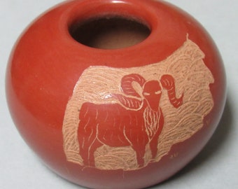 Leonard Suazo Sgraffito Santa Clara Pottery Bighorn Sheep Redware