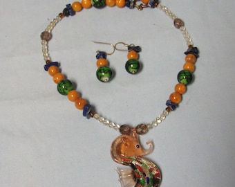 Hand made Murano Glass Bead Seahorse Necklace and Earrings Set