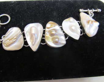 Pat Areias Carmel CA Designer Pearl and 925 Sterling Silver bracelet with T clasp signed