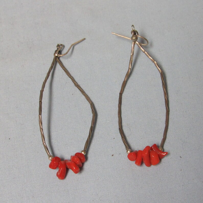 Pair of Sterling Silver Hoop Hook Earrings with Coral Nuggets