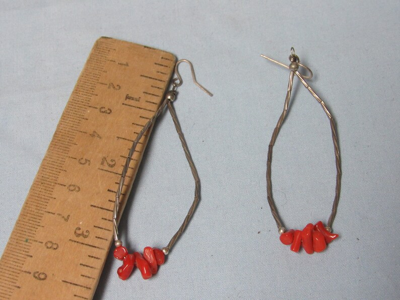 Pair of Sterling Silver Hoop Hook Earrings with Coral Nuggets
