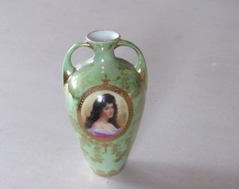 Gerbruder Heubach porcelain cabinet portrait vase green lusterware gold accents