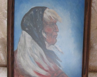 Ronald Chee Navajo Indian Original Painting on Canvas Board of Woman with scarf portrait