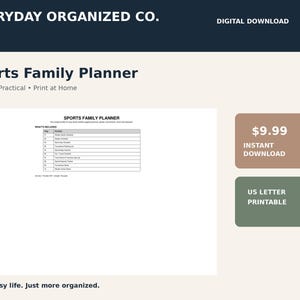 Op de afbeelding: Een digitaal Sports Family Planner document met een tabel getiteld Sports Family Planner met een lijst van inbegrepen pagina's zoals Weekly Game Schedule, Snack Schedule en Team Contact List, gepresenteerd op een witte achtergrond met tekst.