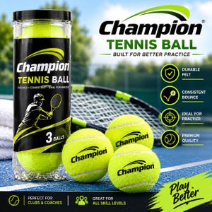 May include: A clear plastic canister containing three neon yellow Champion tennis balls, with three additional loose tennis balls featuring the Champion logo placed in front, all set against a blurred tennis court background with text.